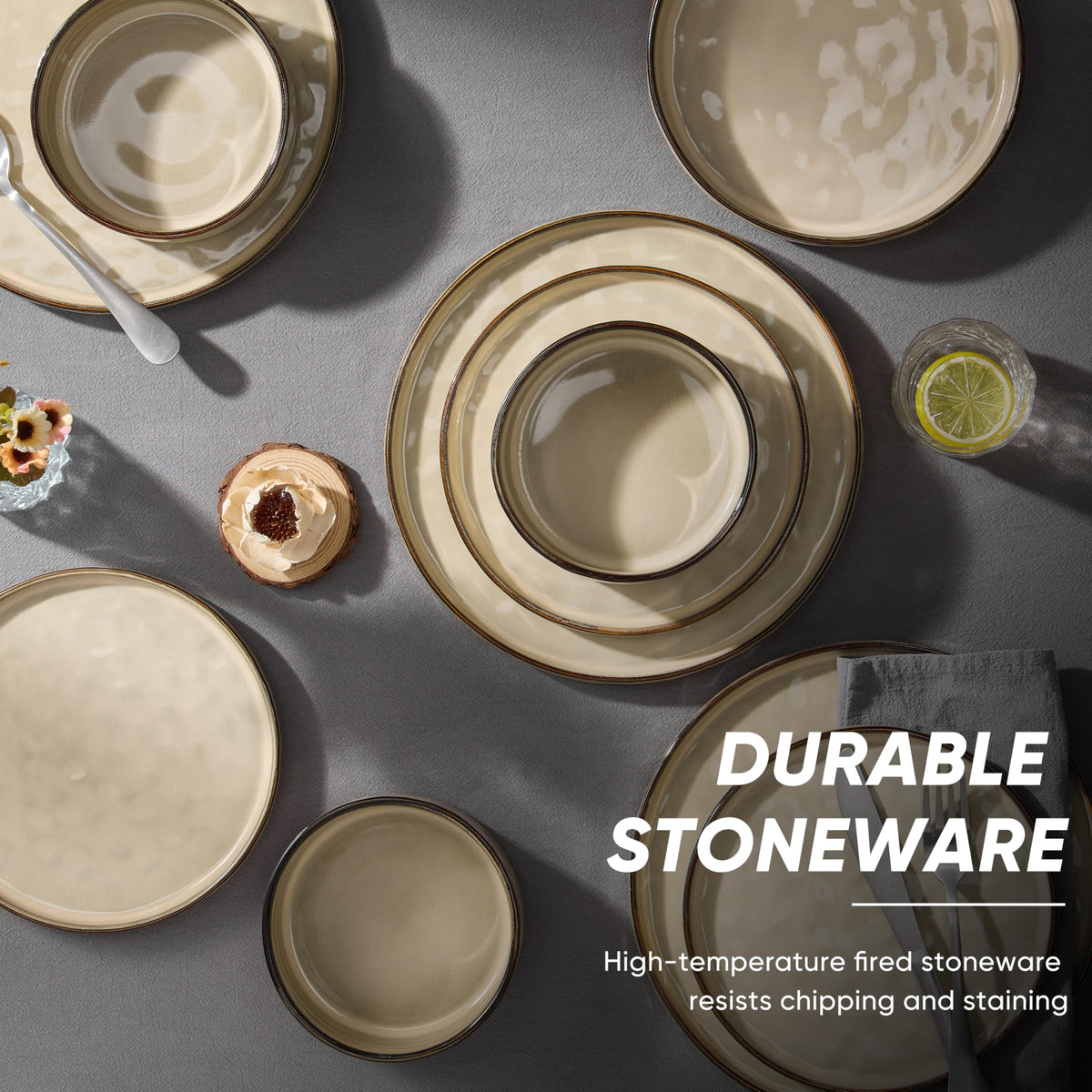 E-far Stoneware Dinnerware Set, 16-Piece Plates and Bowls Sets for 4