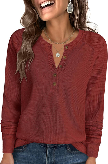 ANRABESS Women's Waffle Knit Henley Top Long Sleeve Shirts