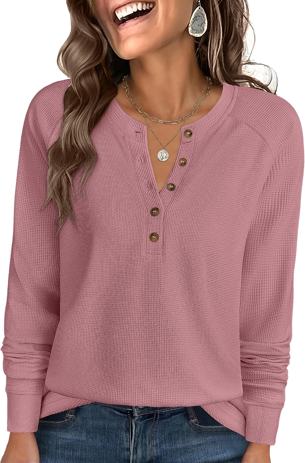 ANRABESS Women's Waffle Knit Henley Top Long Sleeve Shirts