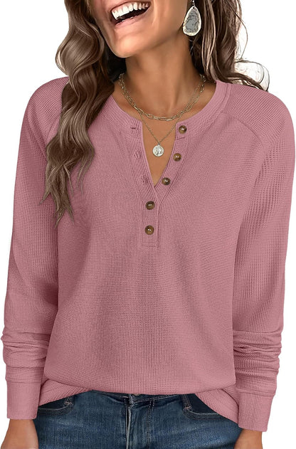 ANRABESS Women's Waffle Knit Henley Top Long Sleeve Shirts