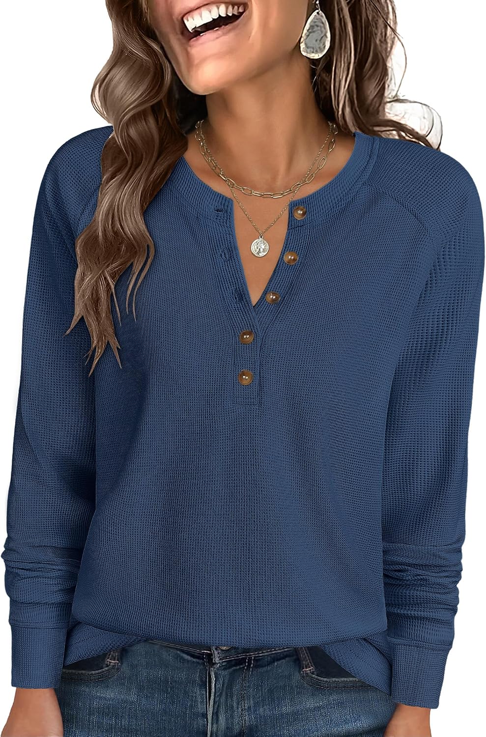 ANRABESS Women's Waffle Knit Henley Top Long Sleeve Shirts