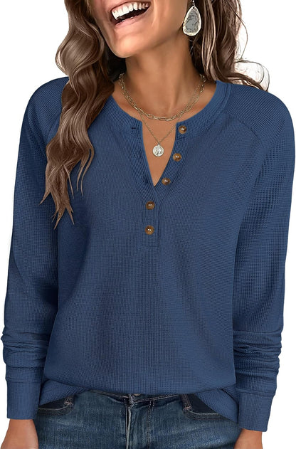 ANRABESS Women's Waffle Knit Henley Top Long Sleeve Shirts