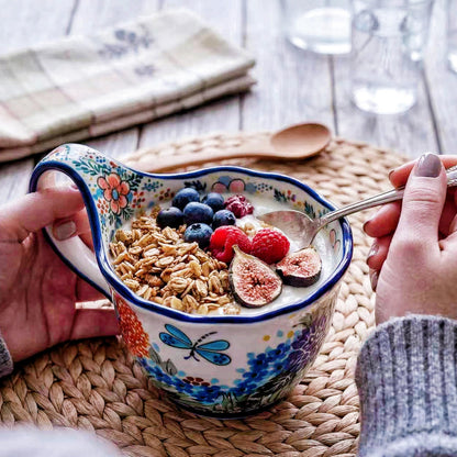 Alma Handpainted Microwavable Soup Bowl with Loop Handle 18.6Oz, Cereal Bowl with Handle