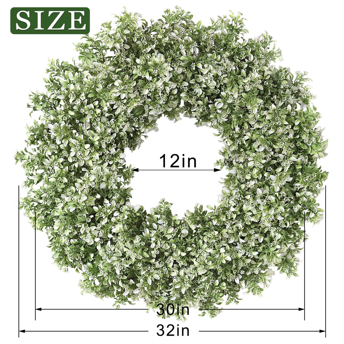 32" Large Artificial Boxwood Wreath for Front Door (White-Green) | Waterproof & Fade Resistant