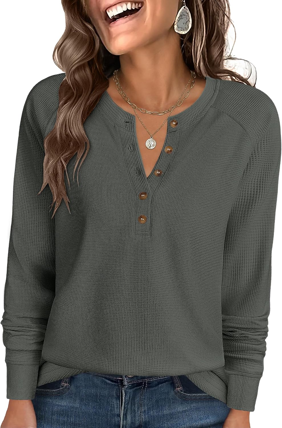 ANRABESS Women's Waffle Knit Henley Top Long Sleeve Shirts