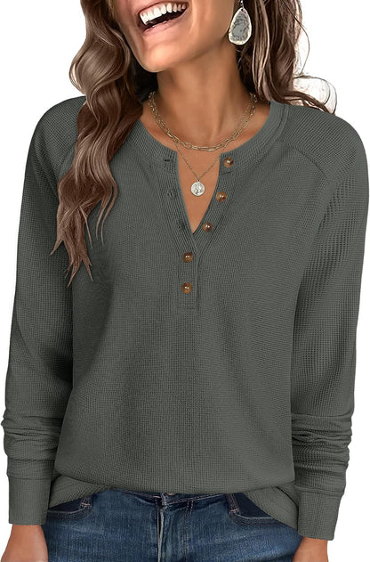 ANRABESS Women's Waffle Knit Henley Top Long Sleeve Shirts