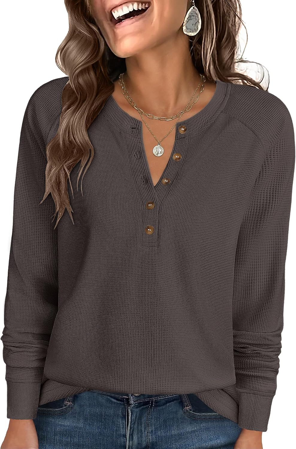 ANRABESS Women's Waffle Knit Henley Top Long Sleeve Shirts