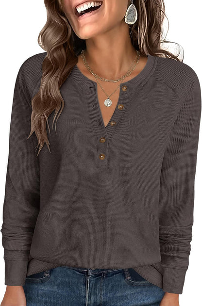 ANRABESS Women's Waffle Knit Henley Top Long Sleeve Shirts