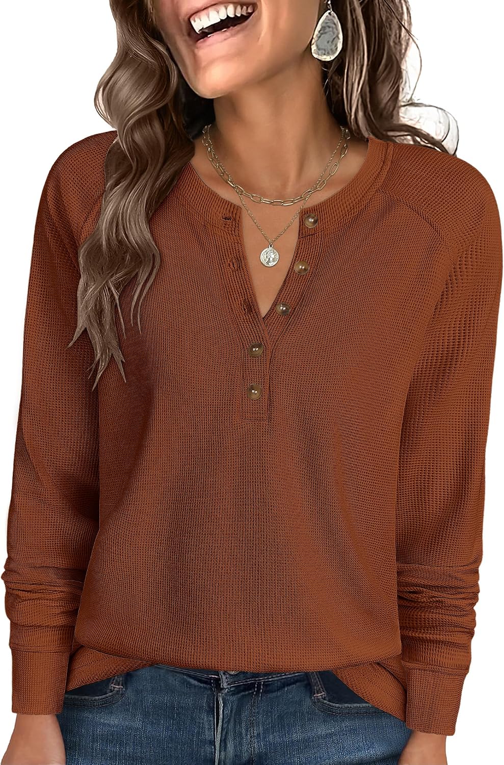 ANRABESS Women's Waffle Knit Henley Top Long Sleeve Shirts
