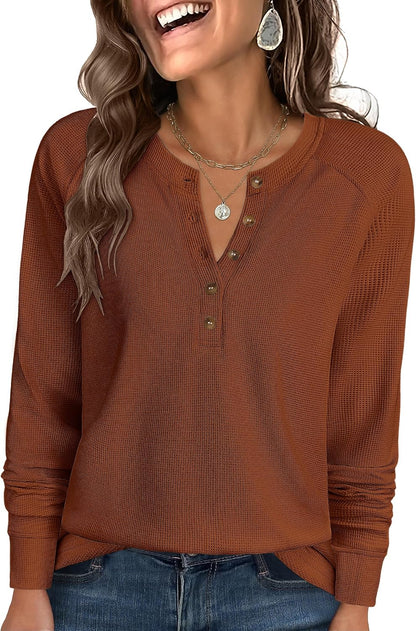 ANRABESS Women's Waffle Knit Henley Top Long Sleeve Shirts