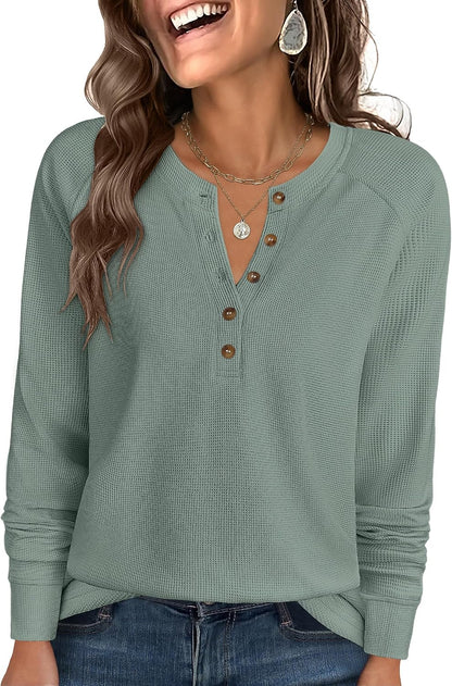 ANRABESS Women's Waffle Knit Henley Top Long Sleeve Shirts