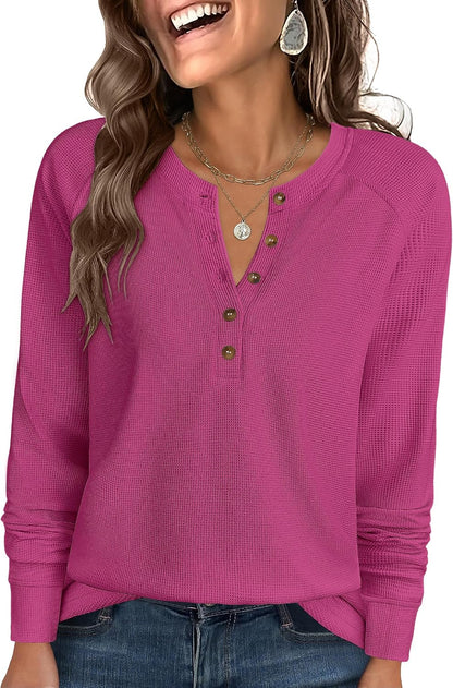 ANRABESS Women's Waffle Knit Henley Top Long Sleeve Shirts