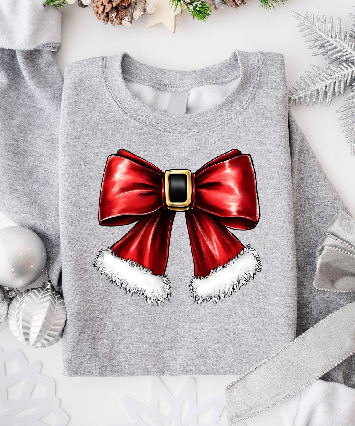 Olive Loves Apple Red Santa Bow Sweatshirt for Women Teens and Kids Christmas Holiday Pullover