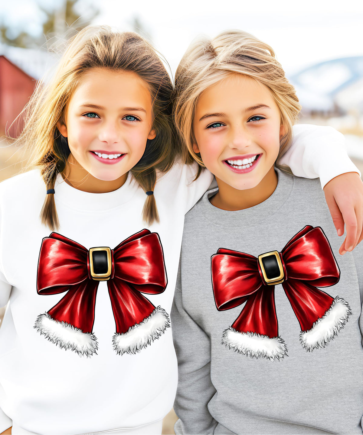 Olive Loves Apple Red Santa Bow Sweatshirt for Women Teens and Kids Christmas Holiday Pullover