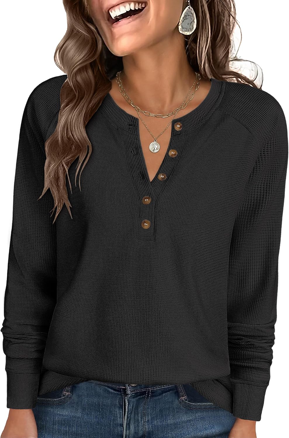 ANRABESS Women's Waffle Knit Henley Top Long Sleeve Shirts