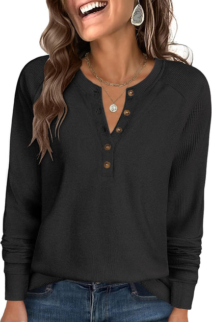 ANRABESS Women's Waffle Knit Henley Top Long Sleeve Shirts
