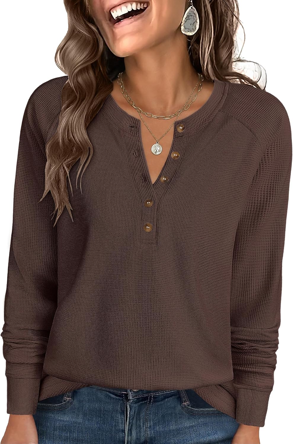 ANRABESS Women's Waffle Knit Henley Top Long Sleeve Shirts
