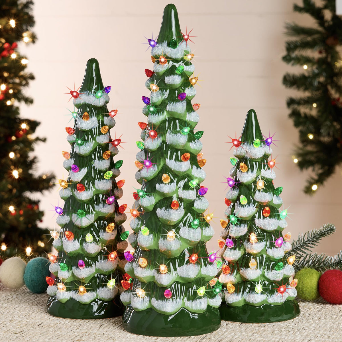 Best Choice Products Set of 3 Ceramic Christmas Trees, Pre-Lit Hand-Painted Tabletop Holiday Decoration W/Multicolor Bulbs, LED Lights – Green