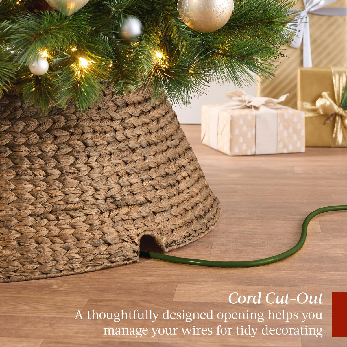 Best Choice Products 42in Christmas Tree Collar, Woven Hyacinth 4-Piece Holiday Rattan Tree Skirt Accessory for Home W/Cord Cut-Out - Chestnut