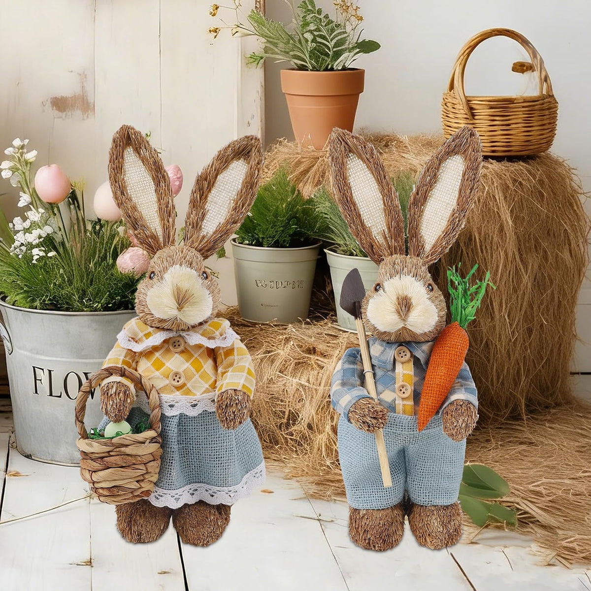 Dr.dudu Set of 2 Easter Decorations 13" Bunny Figurines Tabletop Spring Decor, Rustic Straw Bunny Couple with Carrot, Sisal Rabbit Statues Ornaments for Table Home Office Kitchen Farmhouse