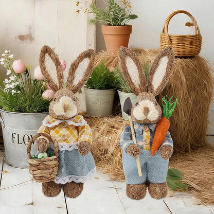 Dr.dudu Set of 2 Easter Decorations 13" Bunny Figurines Tabletop Spring Decor, Rustic Straw Bunny Couple with Carrot, Sisal Rabbit Statues Ornaments for Table Home Office Kitchen Farmhouse