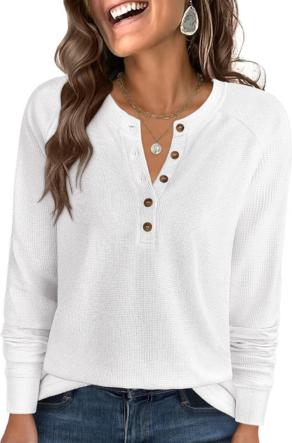 ANRABESS Women's Waffle Knit Henley Top Long Sleeve Shirts