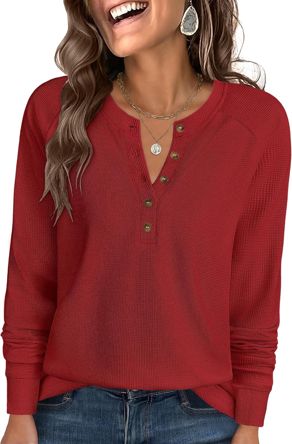 ANRABESS Women's Waffle Knit Henley Top Long Sleeve Shirts