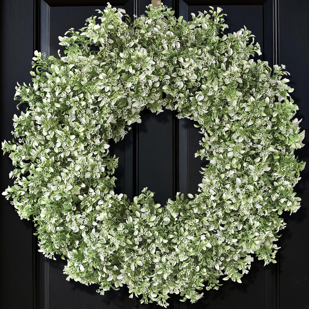 32" Large Artificial Boxwood Wreath for Front Door (White-Green) | Waterproof & Fade Resistant