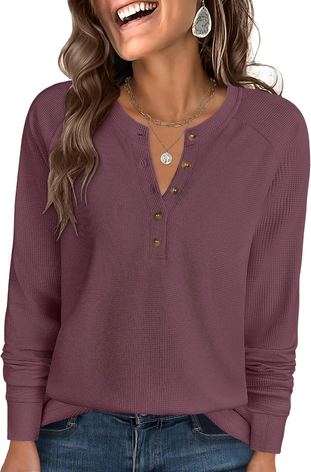 ANRABESS Women's Waffle Knit Henley Top Long Sleeve Shirts