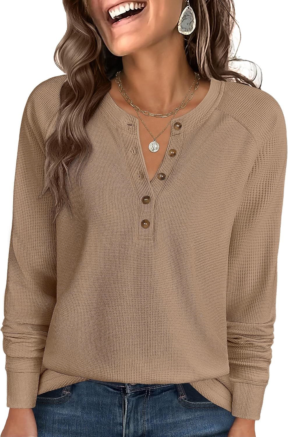 ANRABESS Women's Waffle Knit Henley Top Long Sleeve Shirts