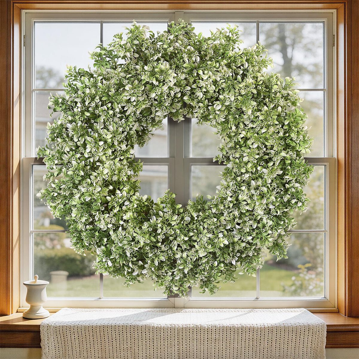 32" Large Artificial Boxwood Wreath for Front Door (White-Green) | Waterproof & Fade Resistant