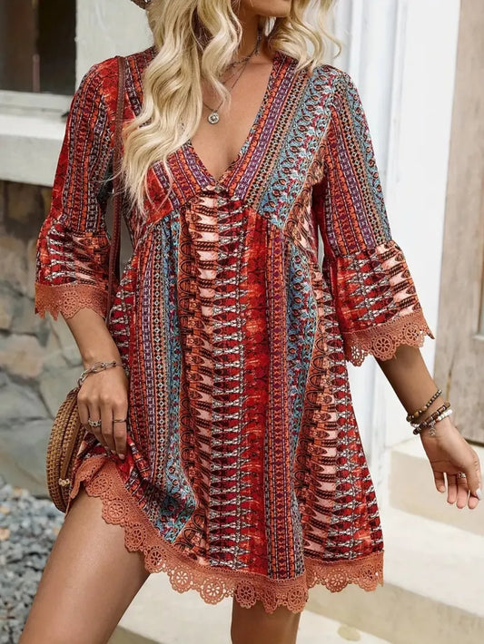 Lace Trim Printed V-Neck 3/4 Sleeve Dress
