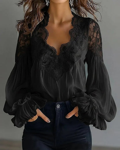 Womens Lace-Patchwork Ruffle-Shoulder Pleated Shirt