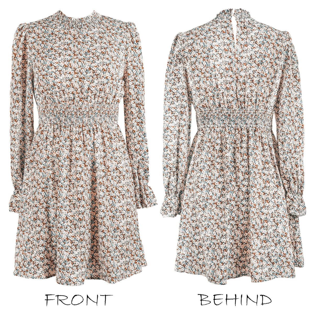 CUPSHE Women Mock Neck Floral Smocked Waist Mini Dress