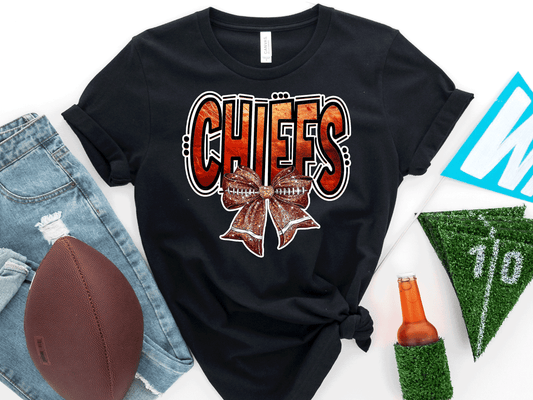 Kansas City Football Metallic shirt, faux glitter football Coquette bow Shirt, KC Football Team, Kansas City Football Fan Gift, Chiefs Fan