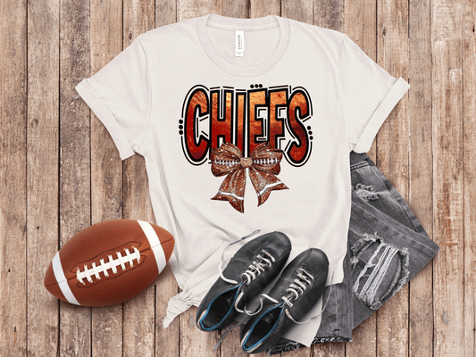 Kansas City Football Metallic shirt, faux glitter football Coquette bow Shirt, KC Football Team, Kansas City Football Fan Gift, Chiefs Fan