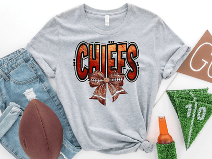Kansas City Football Metallic shirt, faux glitter football Coquette bow Shirt, KC Football Team, Kansas City Football Fan Gift, Chiefs Fan
