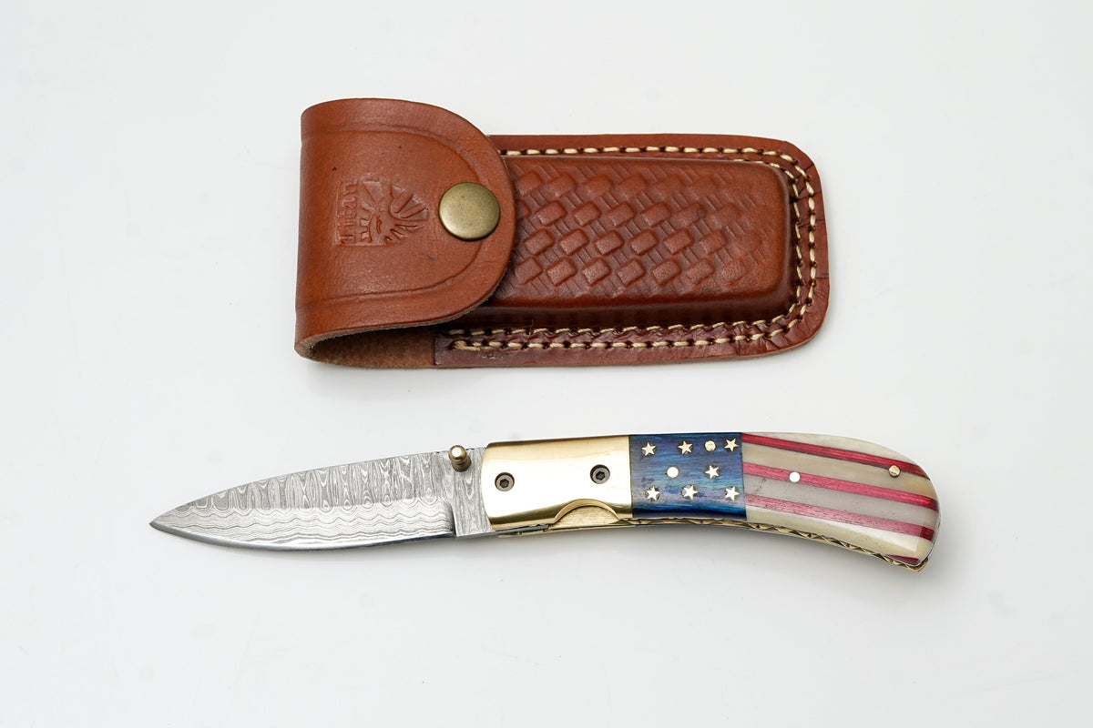 Patriotic American Flag Folding Knife | Hand-Forged Damascus Steel | Custom Blue Pocket Clip Edition