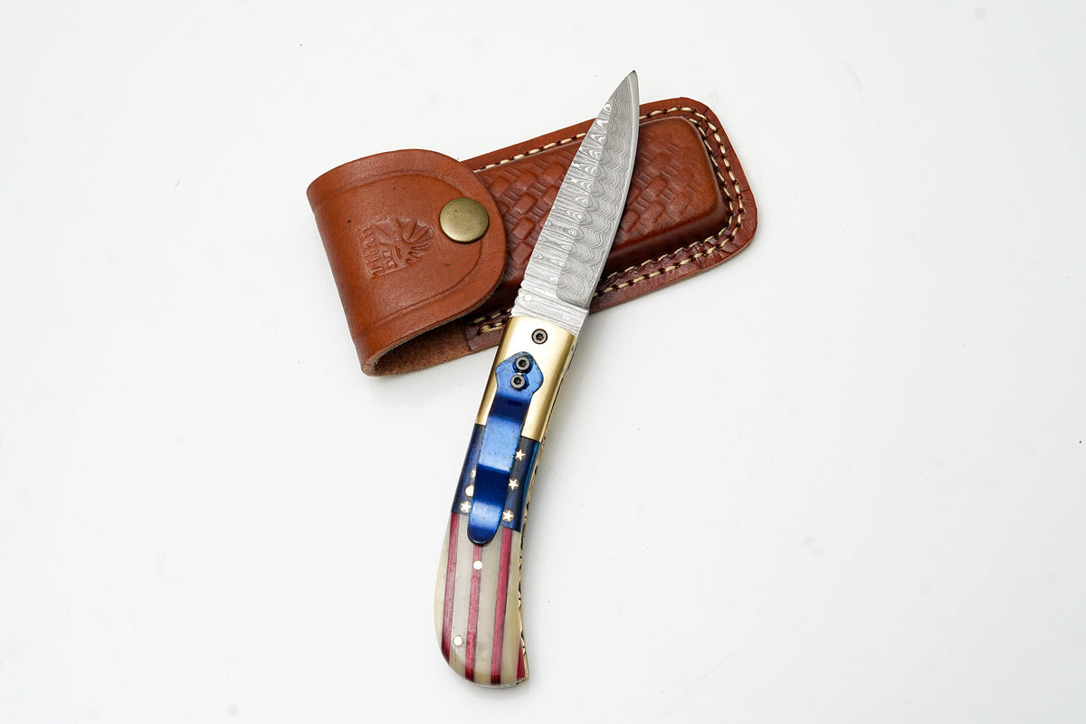 Patriotic American Flag Folding Knife | Hand-Forged Damascus Steel | Custom Blue Pocket Clip Edition