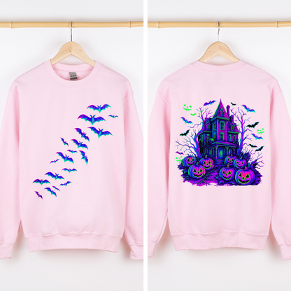 Haunted House Bright Colors Halloween Scene With Bats And Ghosts Spooky Night Parade Sweatshirt