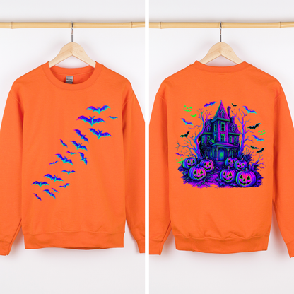 Haunted House Bright Colors Halloween Scene With Bats And Ghosts Spooky Night Parade Sweatshirt