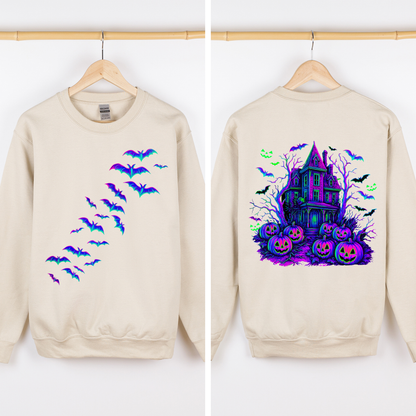 Haunted House Bright Colors Halloween Scene With Bats And Ghosts Spooky Night Parade Sweatshirt