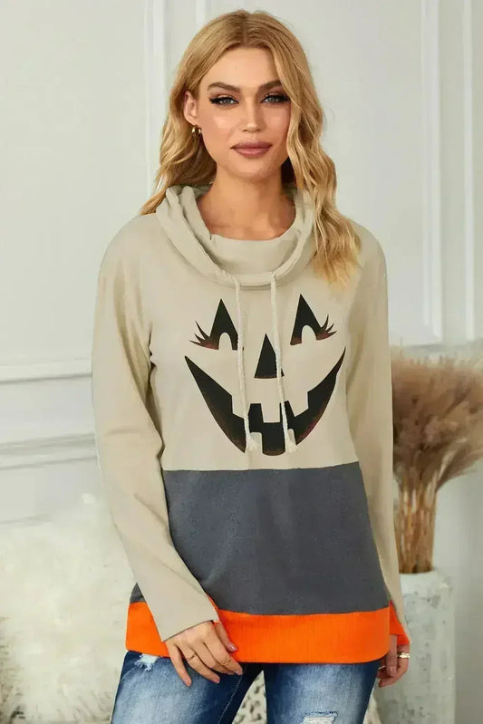Gray Cowl Neck Pumpkin Print Color Block Halloween Sweatshirt