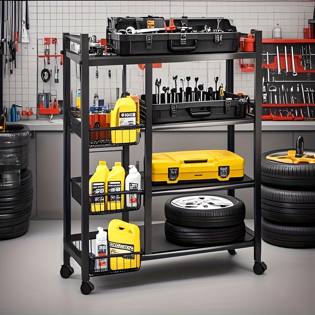 4-Tier Rolling Storage Rack with Baskets, Metal Utility Shelf on Wheels, Kitchen Garage Organizer