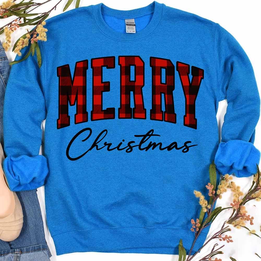 Merry Christmas Sweatshirt - Buffalo Plaid Crewneck