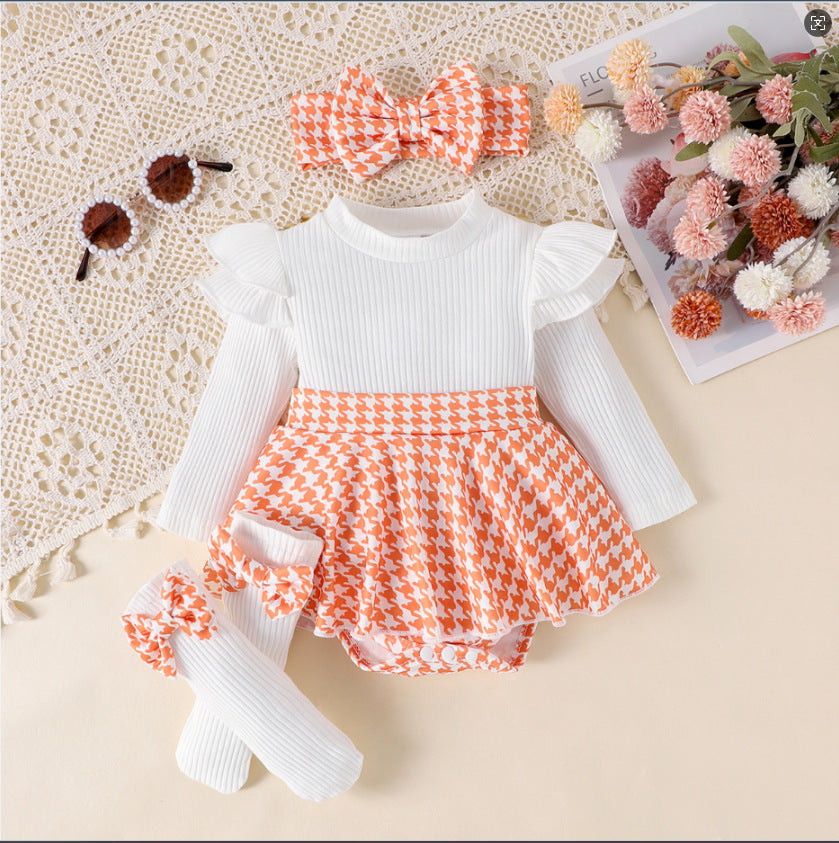 Sunken Stripe Long Sleeve Stitching Houndstooth Skirt One-Piece Romper