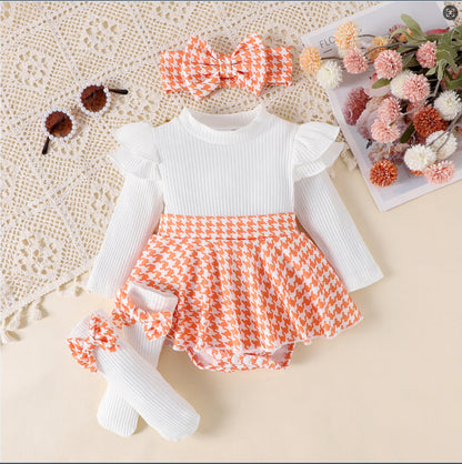 Sunken Stripe Long Sleeve Stitching Houndstooth Skirt One-Piece Romper
