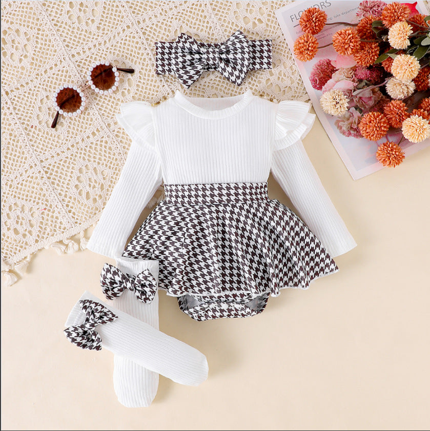 Sunken Stripe Long Sleeve Stitching Houndstooth Skirt One-Piece Romper