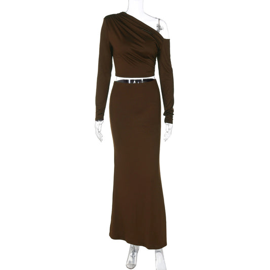 In Women Clothing Summer Shoulder Baring Long Sleeved Top Slim Skirt Two Piece Sets Women