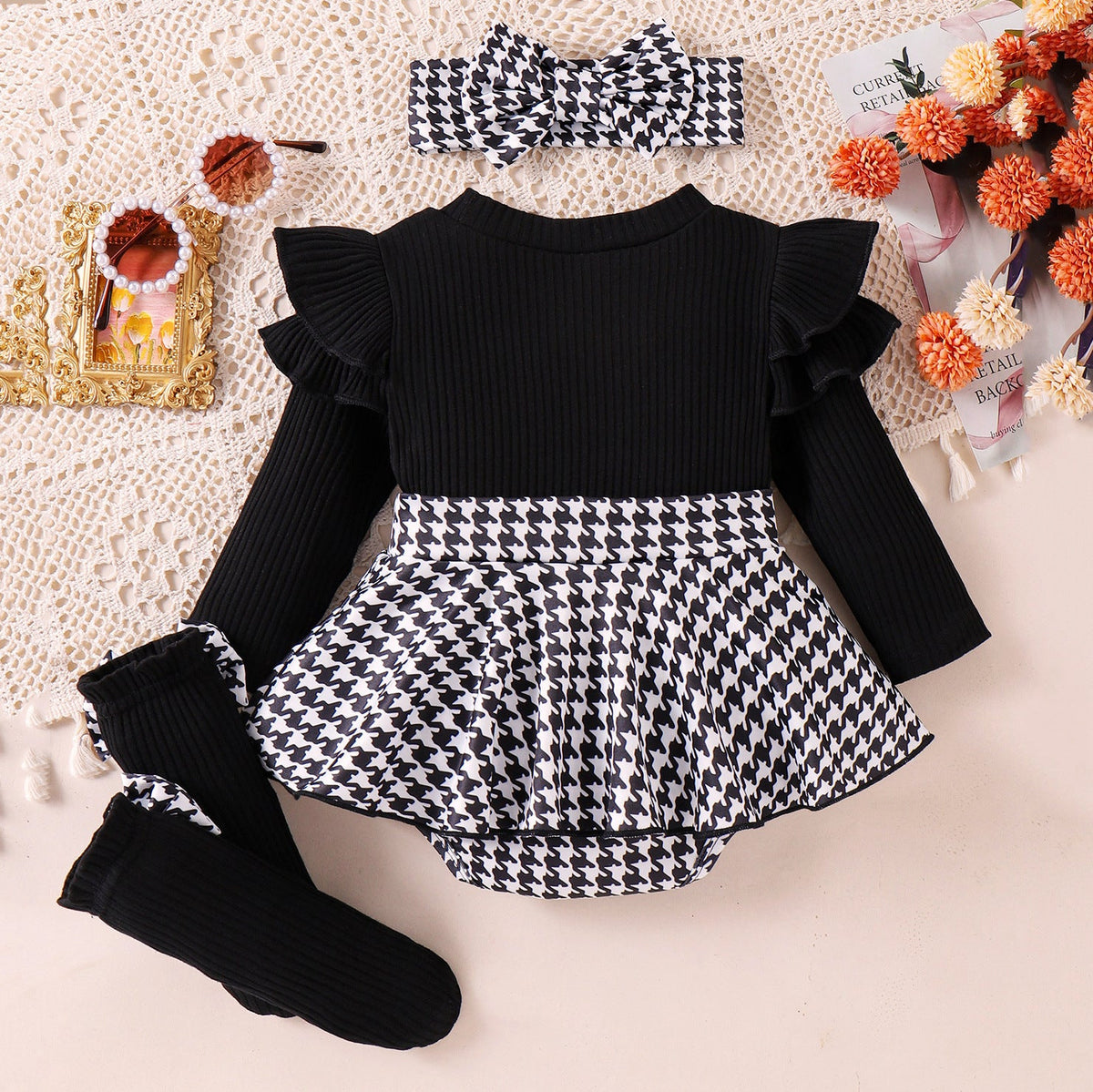 Sunken Stripe Long Sleeve Stitching Houndstooth Skirt One-Piece Romper